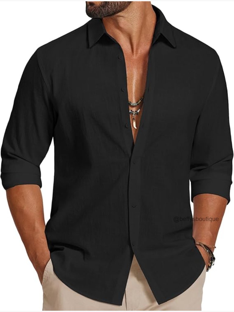Men's Casual Button Down Shirt Long Sleeve Cotton Linen Summer Beach Wedding